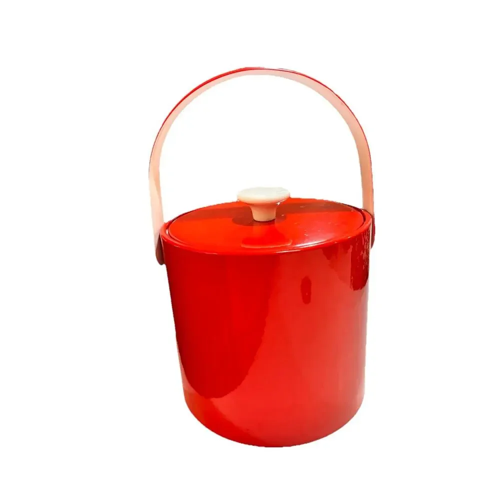 50's Vintage Royal Red White Patent Leather Ice Bucket Mid Century Modern MCM